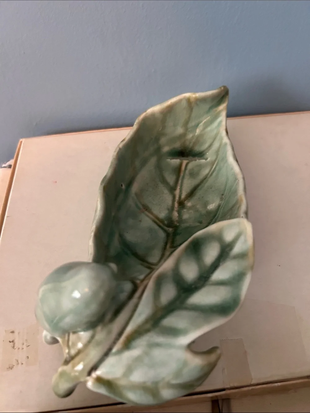 Vintage Unmarked Ceramic Leaf Dish with Bird Accent - Sage Green EUC
